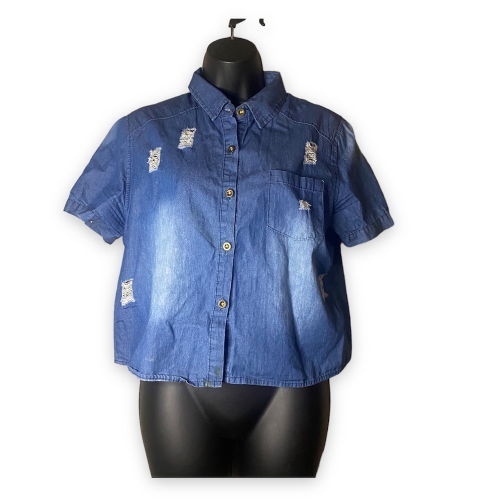 SHUN Bo Denim ripped patches button down collared crop top short sleeve blouse